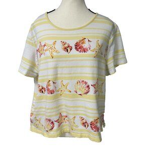 Alfred Dunner Women's Shirt PXL Yellow White Stripe Beach Shells Bling B46